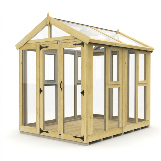 Verdant Lounge Apex Glass Greenhouse, 6ft x 8ft, featuring a traditional apex roof, natural timber frame, full-glass windows and a single door.
