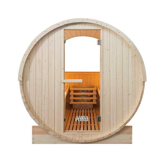 The Pennine Barrel 4 Person Outdoor Sauna front view with natural spruce timber and entrance – Verdant Lounge
