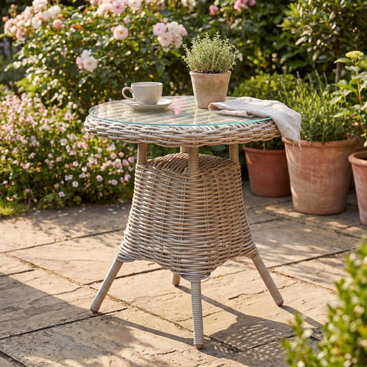 Amalfi glass-top outdoor bistro table on a stone patio, styled with a coffee cup and potted plant among garden flowers