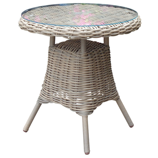 Amalfi Collection Outdoor Bistro Table with round glass top, beige woven base and three angled legs