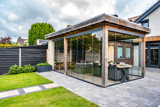 Fiano sliding glass doors fitted to a timber garden room