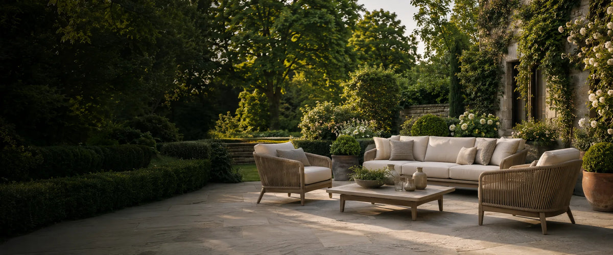 Luxury outdoor garden furniture with a cream sofa, woven armchairs and coffee table on a landscaped stone patio – Verdant Lounge UK