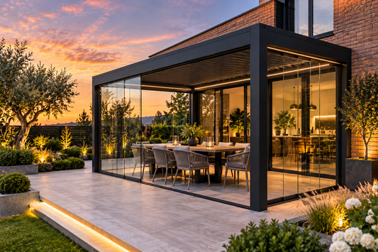 Black Pinela Deluxe Plus pergola with glass enclosure, warm lighting and luxury garden landscaping at sunset.