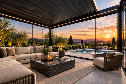 Luxury outdoor lounge beneath a Pinela Deluxe Plus pergola with retractable roof, glass side panels and sunset views.