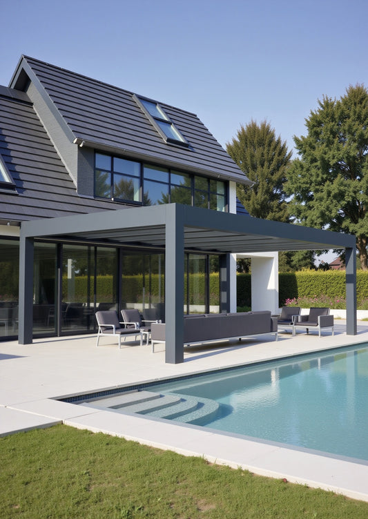 Glass roof pergola beside a contemporary house and swimming pool