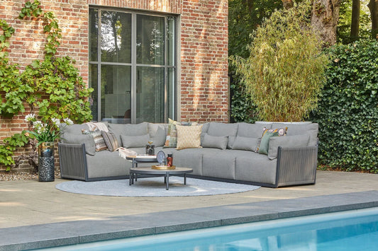Sorrento Lounge Collection with rope outdoor seating and lounge tables beside a pool