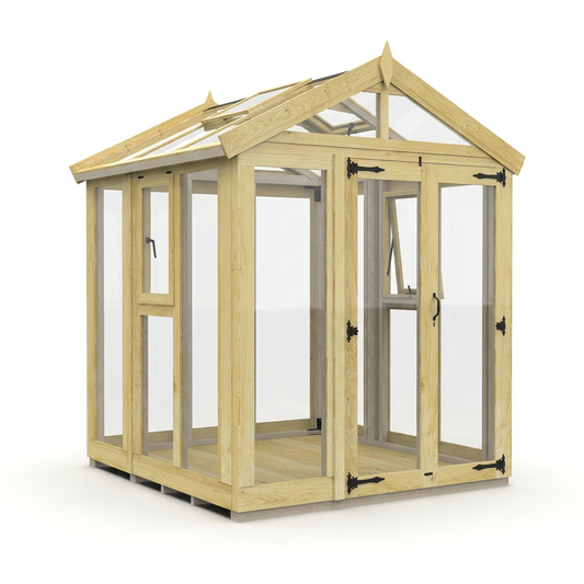 Verdant Lounge Apex Glass Greenhouse, 6ft x 6ft, featuring a traditional apex roof, natural timber frame, full-glass windows and a single door.
